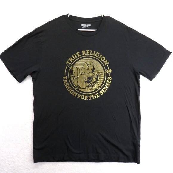 True Religion T Shirt Mens Sz Extra Large Black G old Foil Graphic Short Sleeve - Picture 1 of 9